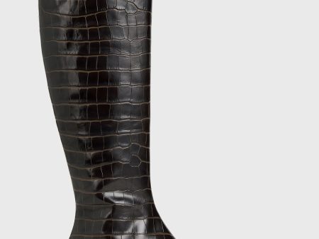 Slim croco-embossed knee-high boots dark brown Fashion